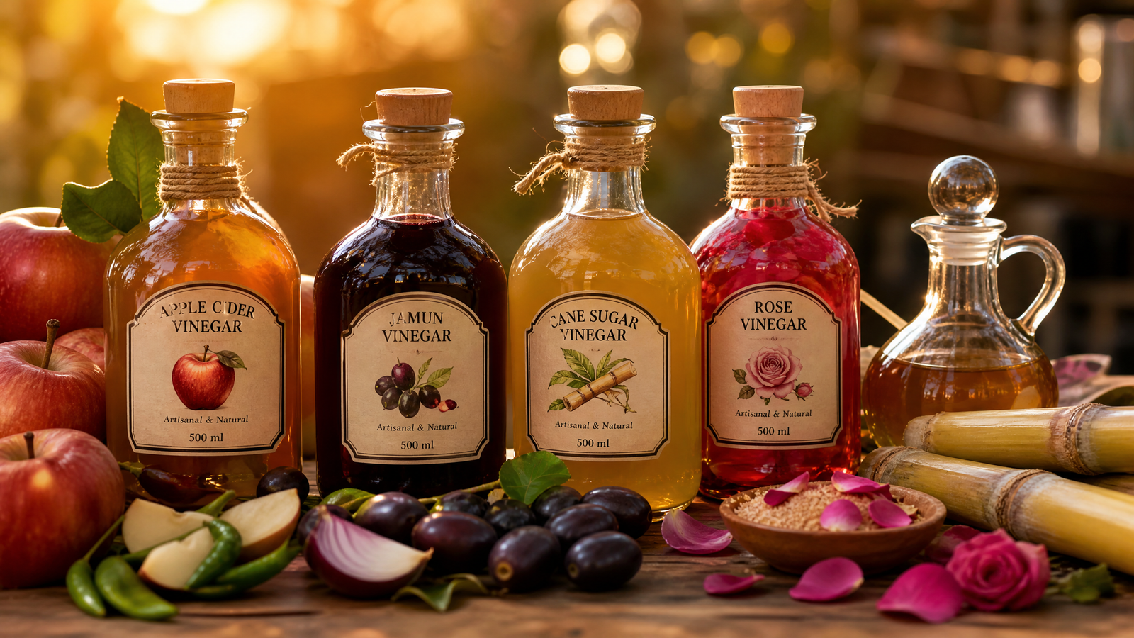 Natural vinegar bottles - apple cider vinegar, jamun sirka, cane sugar vinegar - Sirka King India