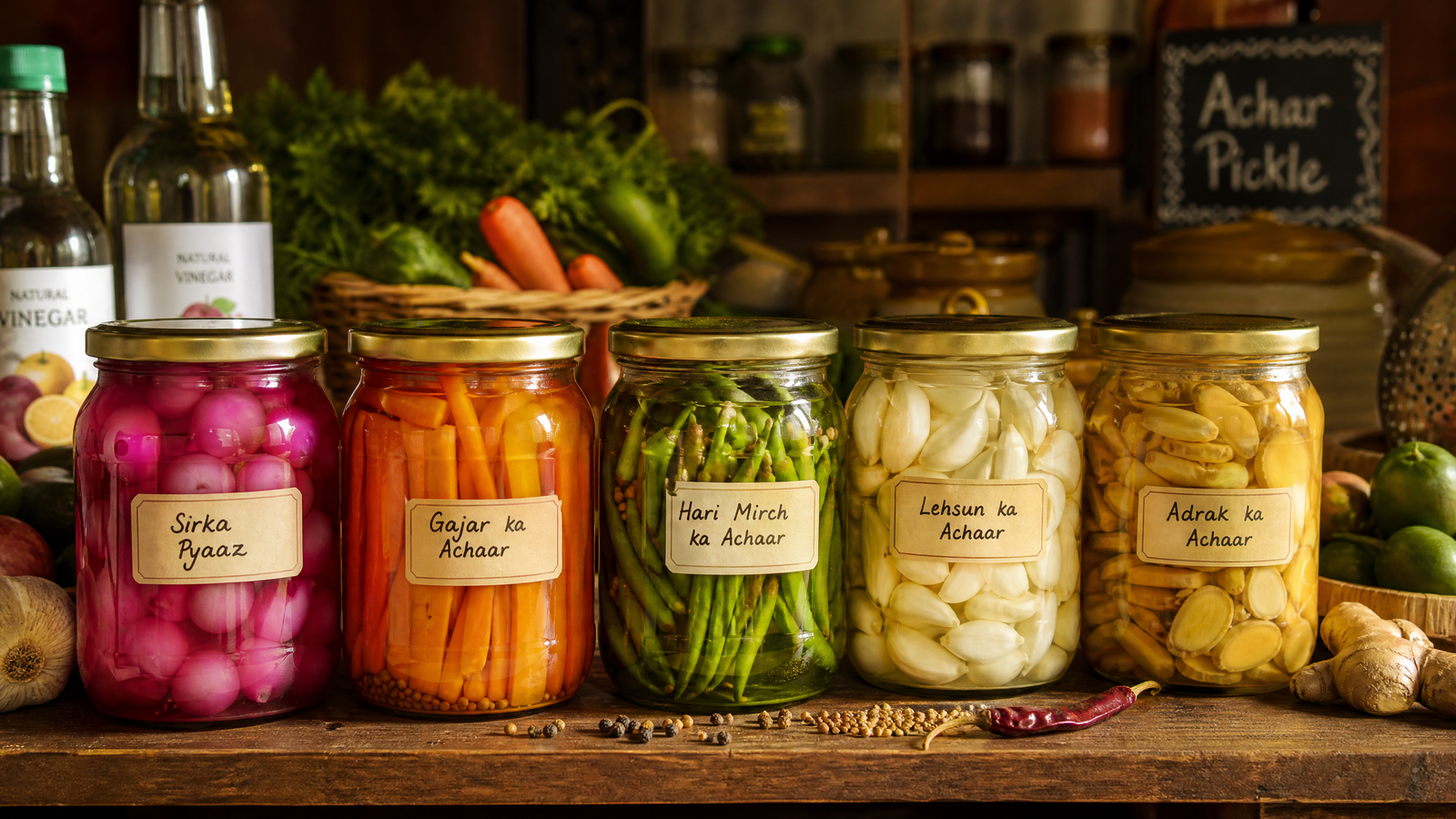 Sirka King pickled vegetables - sirka pyaaz, gajar achar, hari mirch sirka, lehsun achar, adrak sirka - healthy Indian pickles